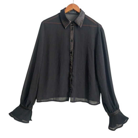 Black Chiffon Sheer Ruffle Sleeve Blouse 10 PLT Button Up Satin Trim Dressy EUC - Picture 6 of 10